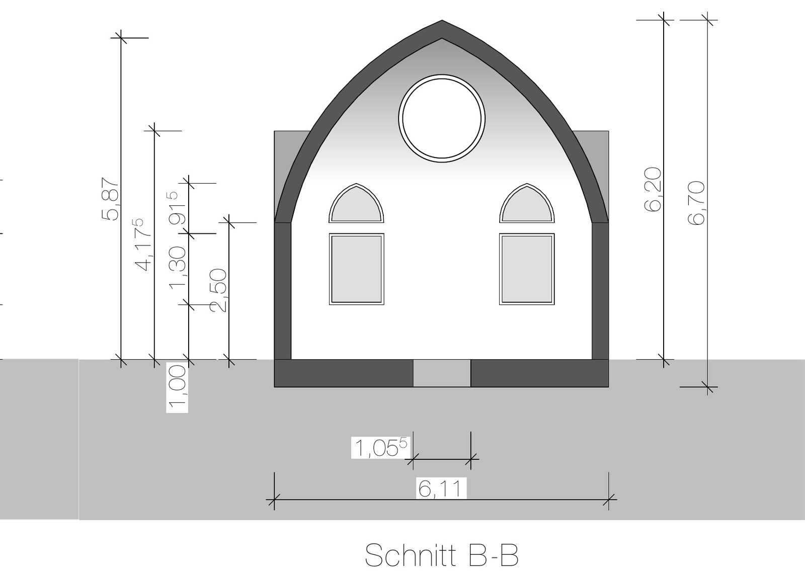 Querschnitt der Grabstätte: spitzbogiges Tonnengewölbe mit Rundfenster im Bogenfeld.